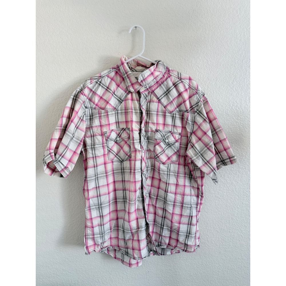 Unionbay Mens Pink Plaid Short Sleeve Western Pearl Snap Button Down Shirt L